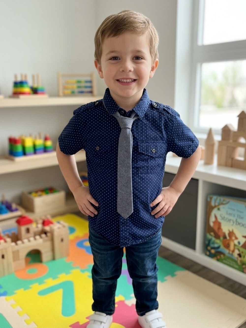 Sovereign Code Boys Navy Blue Polka Dot Short Sleeve Button-Down with Tie
